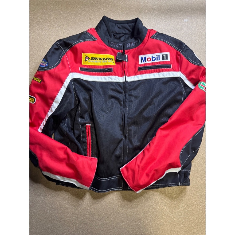 Bilt‎ Mens 2XL Motorcycle Racing Jacket Red Black Mesh Sponsor Patches Mobil 1